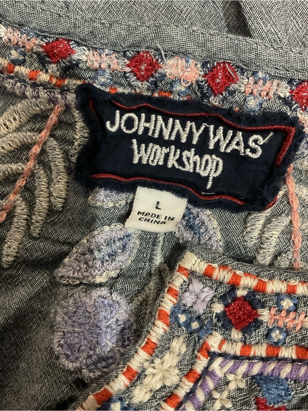 Johnny Was Workshop Embroidered Boho Tunic Dress Gray Floral Size L - Picture 7 of 8